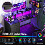 Huuger 47 Inch Computer Desk with Power Outlets and LED Lights, Gaming Desk with 4 Drawers,