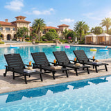 LegacyAmerhome Outdoor Lounge Chair Set of 4 with 5-Position Adjustable, Outside Lounge Chair with Cup Holder, Wheels for Easy Mobility, HDPE Tanning Chair for Poolside, Patio, Black