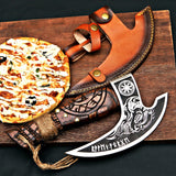 MR. CRAFT Pizza Cutter Axe Rocker Carbon Steel Slicer Chef Pizza Cutter Viking Axe with Leather Cover - Premium Pizza Oven Accessories Ulu Rocking Pizza Gift Gifts for Men (Royal Skull)