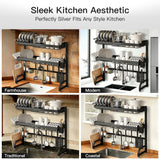 3 Tier Extra Large Stainless Steel Expandable Over The Sink Dish Drainer Drying Rack, Rust Proof Metal, Space Saving, Modern Black Big Capacity Extendable Plate Strainers Above Kitchen Counter
