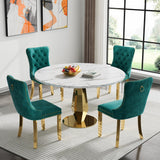 SSLine White Faux Marble Round Dining Table Set for 4 with Velvet Chairs