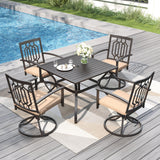 PHI VILLA Patio Dining Set, Swivel Chairs, Square Metal Table