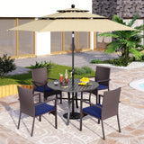 PHI VILLA 5pc Patio Dining Set with Umbrella, Round Table, Rattan Chairs