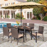 PHI VILLA 7pc Patio Dining Set with 13ft Beige Umbrella, 6 Rattan Chairs