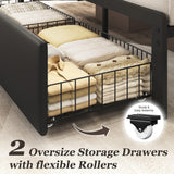Fluest Queen Bed Frame with 2 Storage Drawers, Upholstered Headboard Button Tufted Bed Frame with Charging Station, No Box Spring Needed, Noise-Free, All Metal Structure, Black