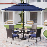 PHI VILLA 5pc Patio Dining Set with 10ft Blue Umbrella, 4 Rattan Chairs