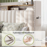 EnHomee King Fabric Upholstered Bed Frame with 4 Drawers and Rivet Decor Storage Headboard, 1000LBS Wooden Slats Support for Apartment, No Box Spring Needed, Easy Assembly, Beige