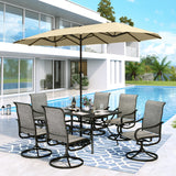 MFSTUDIO Outdoor Dining Set with 13 ft Beige Umbrella for 6, Brown Chairs