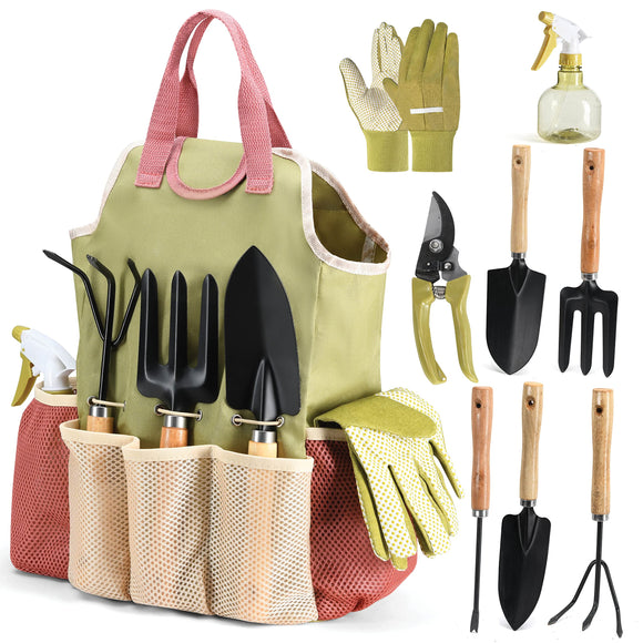 Gardening Tools Set of 10 - Complete Heavy Duty Garden Tools Set with Fashion Handbag - Durable Gardening Supplies Kit