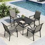 MFSTUDIO 5 Piece Outdoor Dining Set, Square Metal Table w/Textilene Chairs