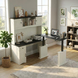 L Shaped Executive Standing Desk with Hutch and Storage Cabinet, Farmhouse Standing Desk with Charging Station