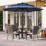 PHI VILLA 5pc Patio Dining Set with Umbrella, Square Table, Rattan Chairs