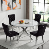 Maotifeys 45'' Round Dining Table White Marble Dining Room Table for 4-6, Circle Faux Marble Kitchen Table with 4 Silver Mirrored Stainless Steel Legs for Dining Room, Bistro, Breakfast (Table Only)