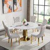SSLine White Faux Marble Round Dining Table Set for 6 with Velvet Chairs