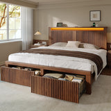 Homkdom Queen Bed Frame with 2 Drawers and Mid-Century Wooden Wavy Panel Headboard,Charging Station&LED Lights,Heavy Duty Steel,Noise-Free,No Box Spring Needed,Easy Assembly,Walnut