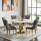 SSLine Round White Faux Marble Dining Table for 4-6 with Diamond Gold Base