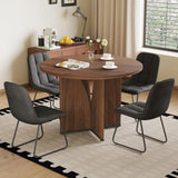 HIPIHOM Modern Round Dining Table Set for 4, 39.4" Walnut Kitchen Table with 4 PU Leather Chairs, 5-Piece Mid-Century Dining Room Set for Small Spaces, Pedestal Base