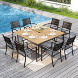 PHI VILLA Square Outdoor Table for 8, Brown Metal Table w/Umbrella Hole