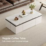 TreLined Lift Top Coffee Table with 4 Storage Stools, Rising Tabletop Center Tables, Expandable Dining Tables with Compartment and Drawer, Modern Office Desk End Table, White, 47.24" L