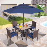 PHI VILLA 5pc Patio Dining Set with Umbrella, Square Table, Rattan Chairs