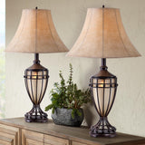 Franklin Iron Works Cardiff Traditional Rustic Urn-Shaped Table Lamps 33" Tall Set of 2 with Nightlight Brushed Iron Cage Champagne Glass Beige Fabric Bell Shade for Living Room Bedroom House