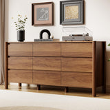 HOUROM 63" Wide 9-Drawer Dresser for Bedroom, Mid-Century Modern Walnut Chest with Solid Wood Legs, Large Storage Organizer, Smooth-Glide Drawers, Anti-Tip Safety, Living Room & Hallway Storage