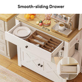 LIKIMIO Baker Rack with Spill-Safe Power Outlet & Drawer, Coffee Bar Cabinet with Storage, Farmhouse Microwave Stand with Hutch and 5 Hooks for Kitchen, White