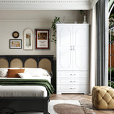 FJTJBSI Wooden Armoire Wardrobe Closet with 3 Drawers and LED Light 72" Modern Bedroom Armoire with Retro Ceramic Door Handles Wardrobe Cabinet with Removable Hanging Rod White
