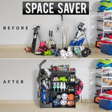 GoSports Premium Wooden Sports Equipment Organizer with Storage Hooks - Golf Bag Rack and Multi-Sport Ball Bin GoSports