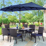 PHI VILLA 7-Piece Patio Set with 13ft Blue Umbrella, 6 Rattan Chairs