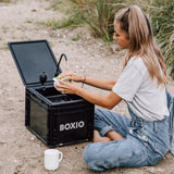 BOXIO - WASH Plus: Mobile Sink with Hand Pump, Shower Head, Mirror & Cleaning Beads - Van, Camping, Garden Sink with Tap, Plastic, Black