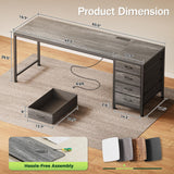 PRAISUN 63 Inch Computer Office Desk with Power Outelts and USB-C Port, Reversible Gaming Desk with 4 Fabric Drawers, Work Study Desk Work from Home, Grey