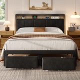 nesture. Queen Storage Bed Frame, Upholstered Platform Bed with 2 Drawers, Velvet Vertical Tufted Headboard with LED Lights and Charging Station, Wood Slats Support, No Box Spring Needed, Matte Black