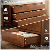 HOUROM 63" Wide 9-Drawer Dresser for Bedroom, Mid-Century Modern Walnut Chest with Solid Wood Legs, Large Storage Organizer, Smooth-Glide Drawers, Anti-Tip Safety, Living Room & Hallway Storage