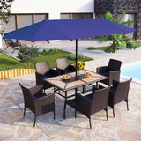PHI VILLA 7pc Patio Dining Set w/Umbrella, Wood-top Table, Rattan Chairs