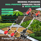 Cordless 2-in-1 Tiller & Weed Whacker Combo, 800W Brushless Motor, 12"x9" Rototiller, 8" Trimmer, 2x21v 6.0Ah Battery, Electric Weed Eater & Garden Tiller, Perfect for Lawn Care & Gardening Tools