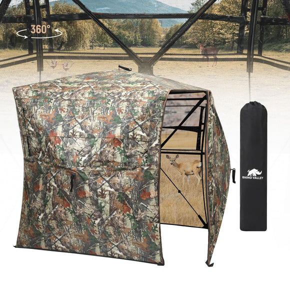 Rhino Valley Hunting Blind 360° See Through, 2-3 Person Pop Up Ground Blinds with Carrying Bag, Portable Resilient Hunting Tent with Silent Magnetic Door & Sliding Windows for Deer Turkey Hunting Rhino Valley