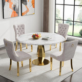 SSLine White Faux Marble Round Dining Table Set for 4 with Velvet Chairs