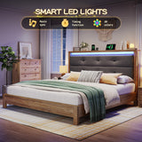 EnHomee King Size Bed Frame, Upholstered Storage Headboard with Charging Station & LED, Wooden Bed Frame，No Box Spring Needed, No Noise, Easy Assembly