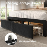 nesture. Queen Storage Bed Frame, Upholstered Platform Bed with 2 Drawers, Velvet Vertical Tufted Headboard with LED Lights and Charging Station, Wood Slats Support, No Box Spring Needed, Matte Black