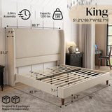 PaPaJet King Bed Frame Velvet Upholstered 51.2" Tall Headboard, Off-White