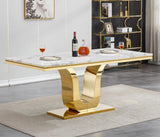 Maotifeys White Marble Dining Table for 6 Modern Luxury Faux Marble Kitchen Table for 6, 68" Large Dining Room Tables with U-Shape Gold Stainless Steel Base