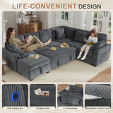 Hanherry 106" Sectional Sofa with Pull Out Couch Bed,6 Seater Corduroy Sleeper Sofa with Storage Ottoman & USB Charging