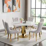 SSLine White Faux Marble Round Dining Table Set for 6 with Velvet Chairs