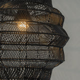 Outdoor Handmade Rattan Pendant Light Coastal Boho 1-Light 20 in. Matte Black Tiered Drum Ceiling Light for Patio with Wicker Rattan Shade