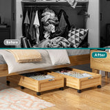 WISUCART Wood Under Bed Storage Containers Underbed Organizer with Wheels Sturdy Wood Rolling Under Bed Shoe Storage Organizer 2 Packs (Nature, Large)