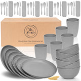 FOODLE Wheat Straw Dinnerware Set - BPA Free & Safety Certified - Unbreakable, Microwave & Dishwasher Safe - Dorm & RV Dishes - Camping Plates Cups and Bowls Set - Great for Kids & Adults - For 6