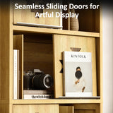 nesture. Bookcase & Bookshelf Set of 2 with Movable Bookends, 4-Tier Open Storage Shelves, Beveled Gliding Doors, Large Wooden Display Cabinet for Living Room, Home Office, Bedroom, Natural Oak