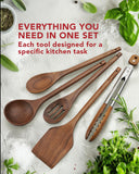 Elegant 5-Piece Walnut Wood Kitchen Utensil Set – Non-Scratch, Heat-Resistant Cooking Utensil Set with Kitchen Tongs, Spoons, Spatula & Ladle