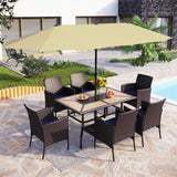 PHI VILLA 7pc Patio Dining Set w/Umbrella, Wood-top Table, Rattan Chairs